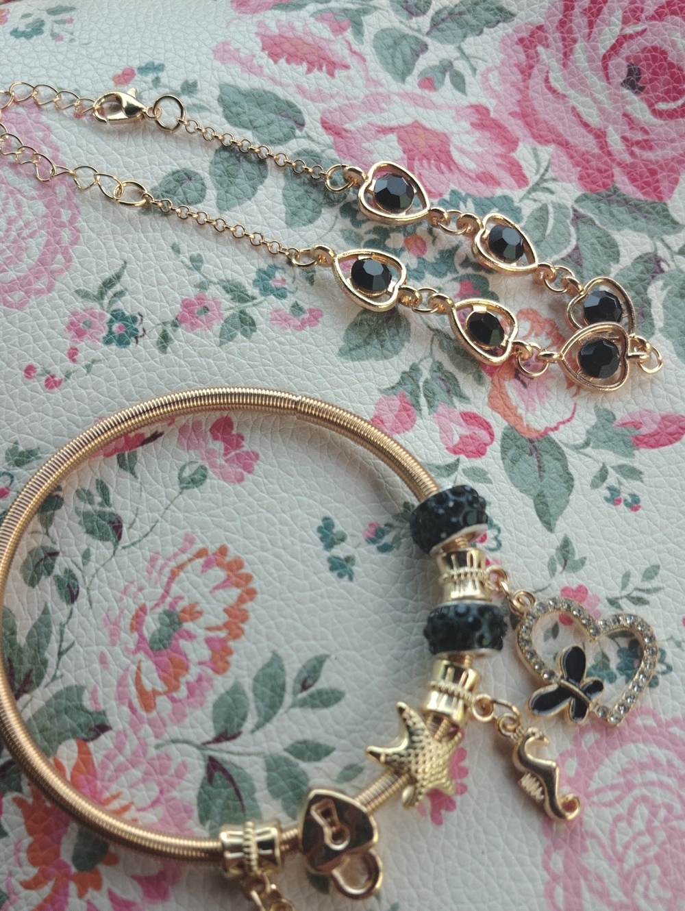 Gold-Tone Black Crystal Heart Charm Bracelets